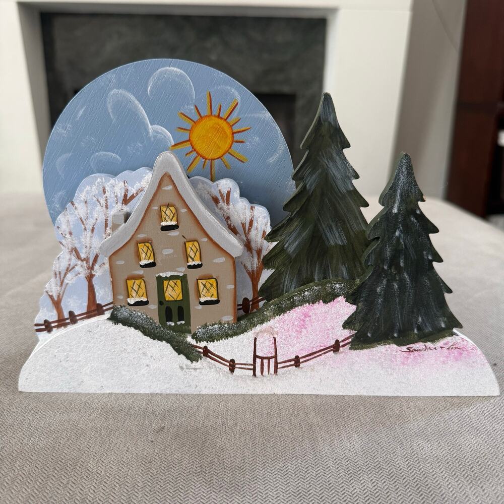 Vintage Sandra Kaye Hand Painted Wood Winter Cottage Moving Sky Folk Art Decor